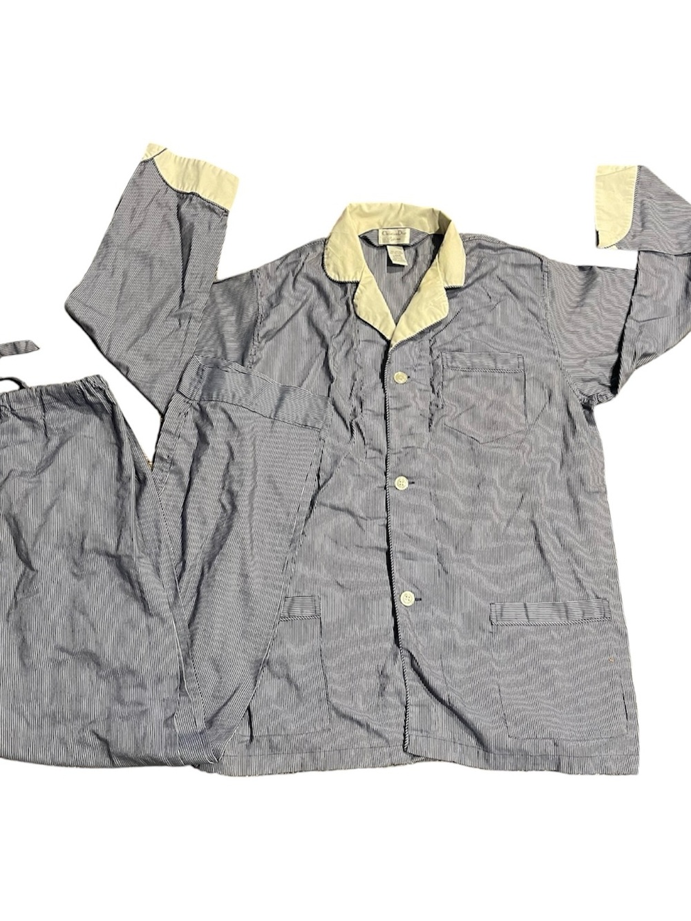 Christian Dior men’s striped pajama set large shirt and pants blue white